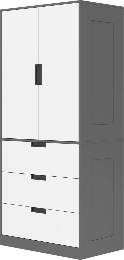 Guarda roupa de quarto 80 x 50 x 180 cm com 2 portas com fecho suave, 3 gavetas e barra para pendurar roupa, , cinzento e branco