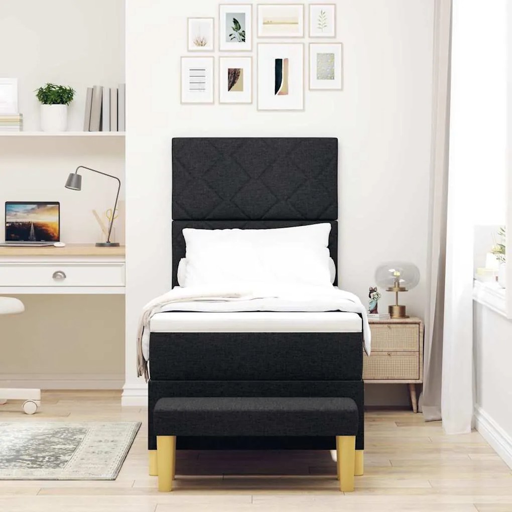 Cama Box Spring com Colchão &amp; Banco Preto 80x200 cm Tecido