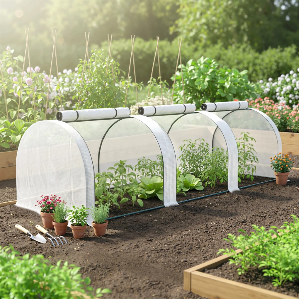 Mini-estufa de jardim para tomates 295 C x 100 L x 80 A cm Aço PE de alta densidade 140 g/m² Anti-UV 3 janelas Branca