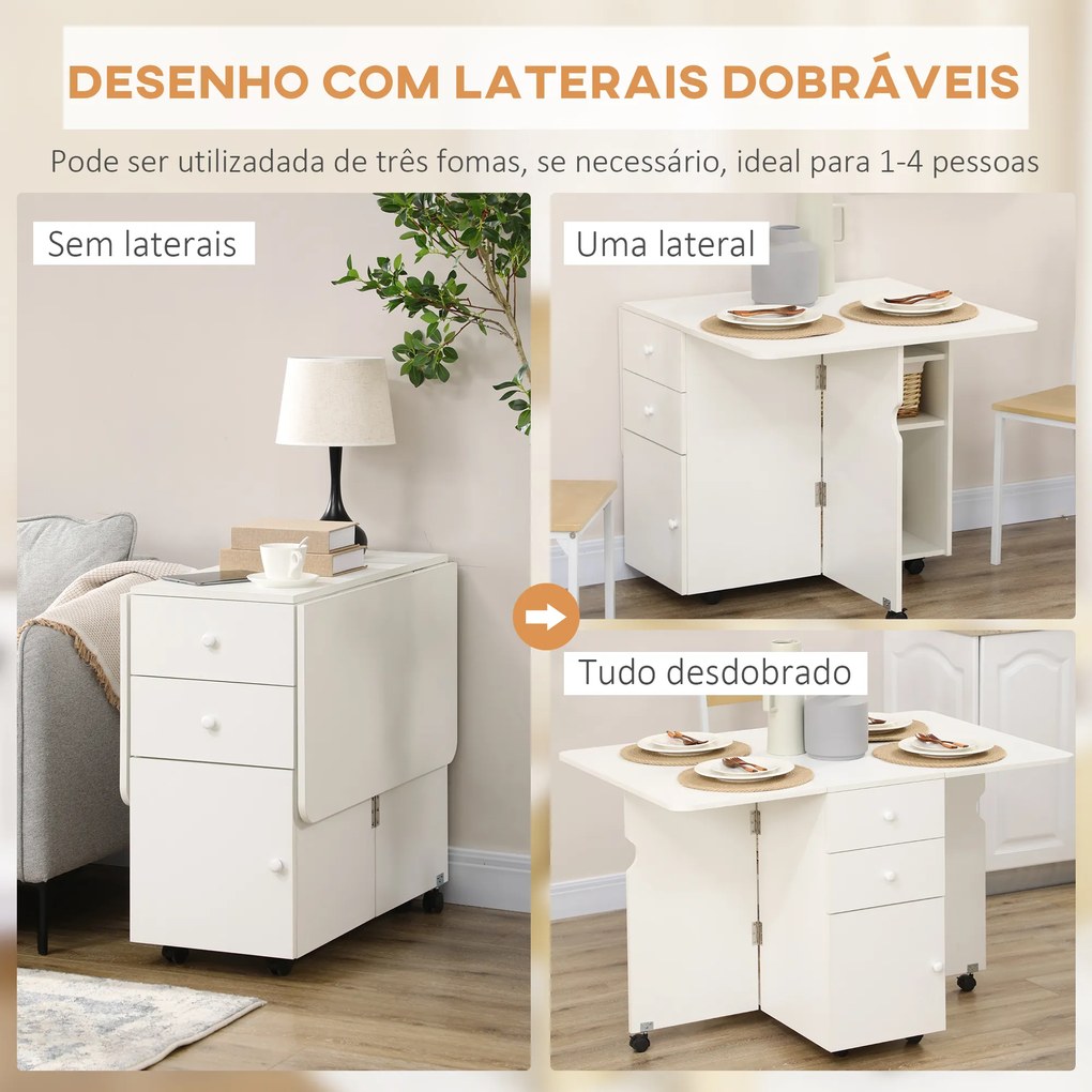 Mesa de Cozinha Dobrável com Laterais Dobráveis 6 Rodas e 2 Gavetas de Armazenamento 120x80x75 cm Branco