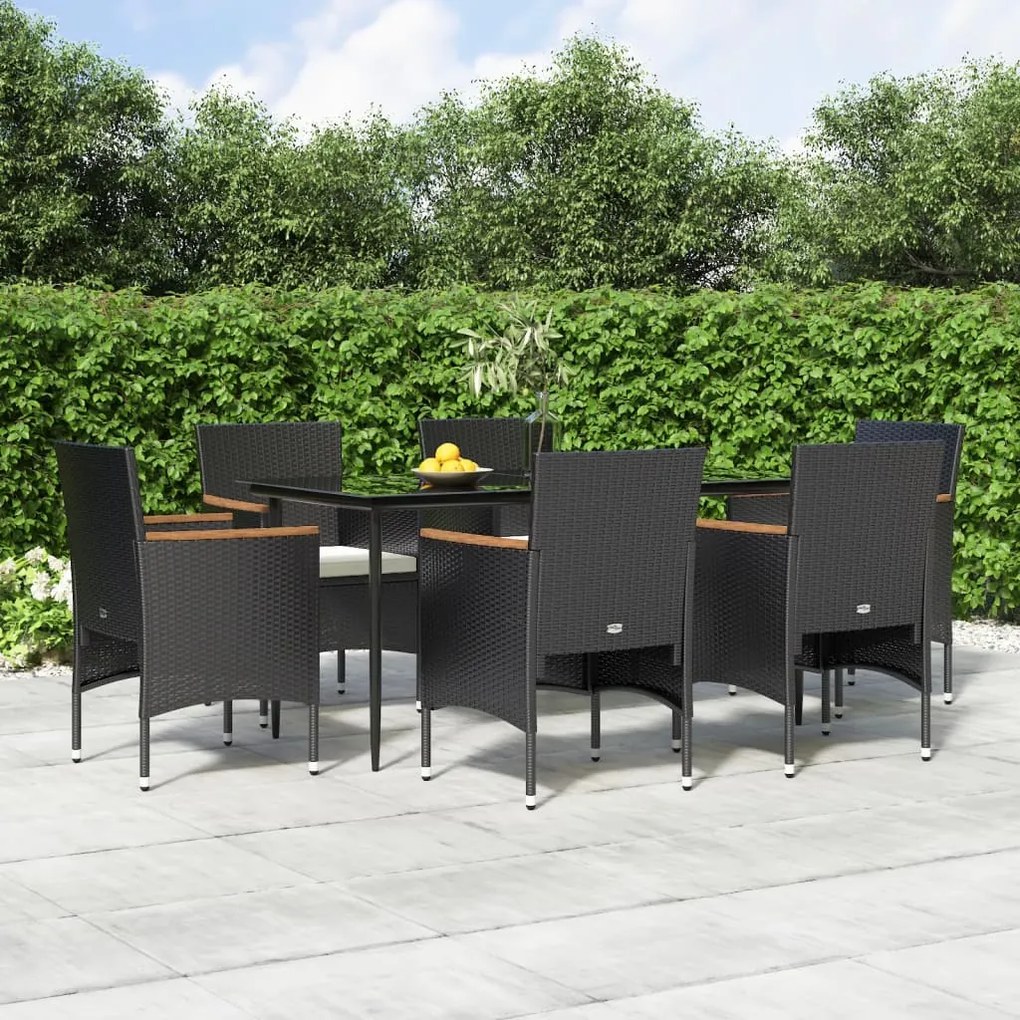 vidaXL 7 pcs conjunto de jantar para jardim com almofadões preto