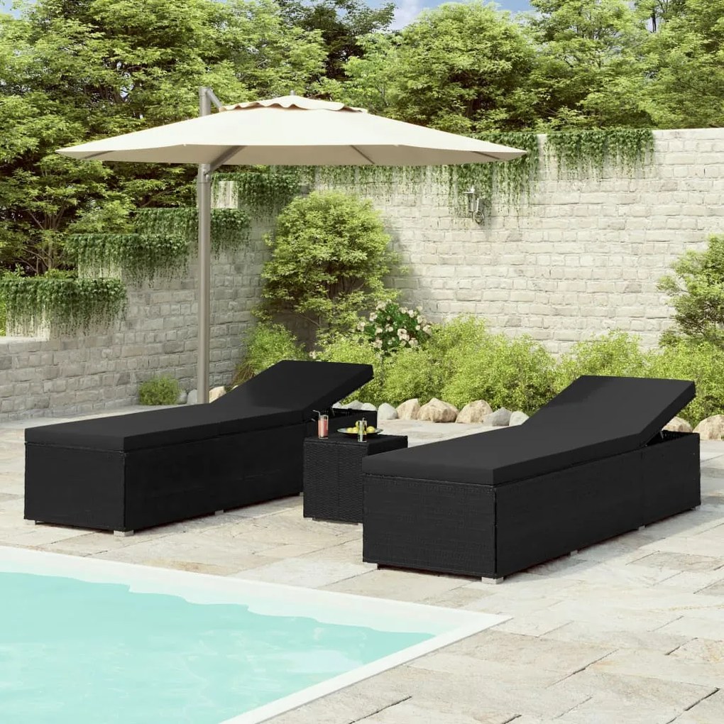 3057666 vidaXL 3 pcs espreguiçadeiras jardim c/ mesa de centro vime PE preto