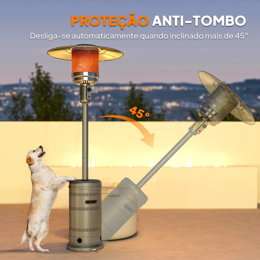Aquecedor a Gás 13 KW com Temperatura Ajustável Proteção Contra Tombos Ignição Piezoelétrica e Rodas 82x82x222 cm Cinzento