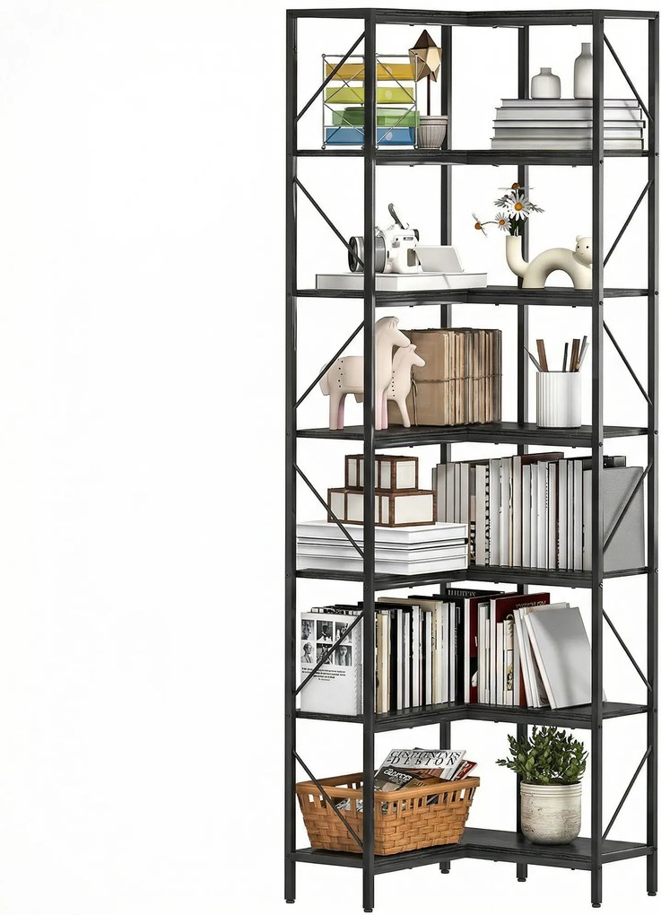 Estante de canto industrial com 7 níveis e prateleiras de arrumação, 60 x 60 x 198 cm, preta