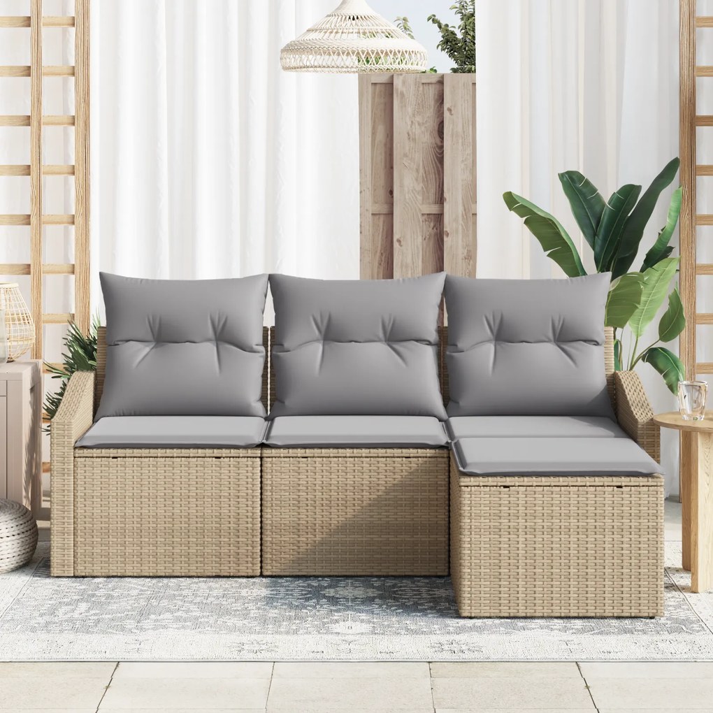 Conjunto de Sofá para Jardim de 4 Peças com Almofadas Rattan Bege Poli