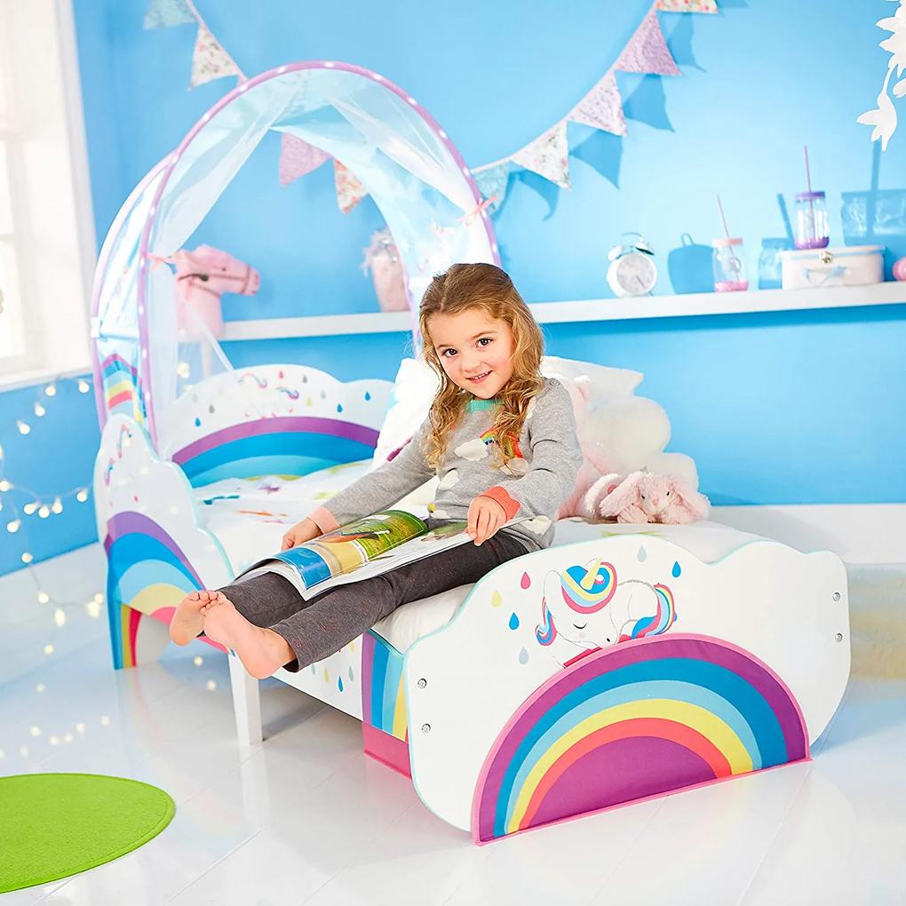 Cama para meninas Unicórnio com arco-íris e gaveta com colchão e almofada 142x77x138 cm