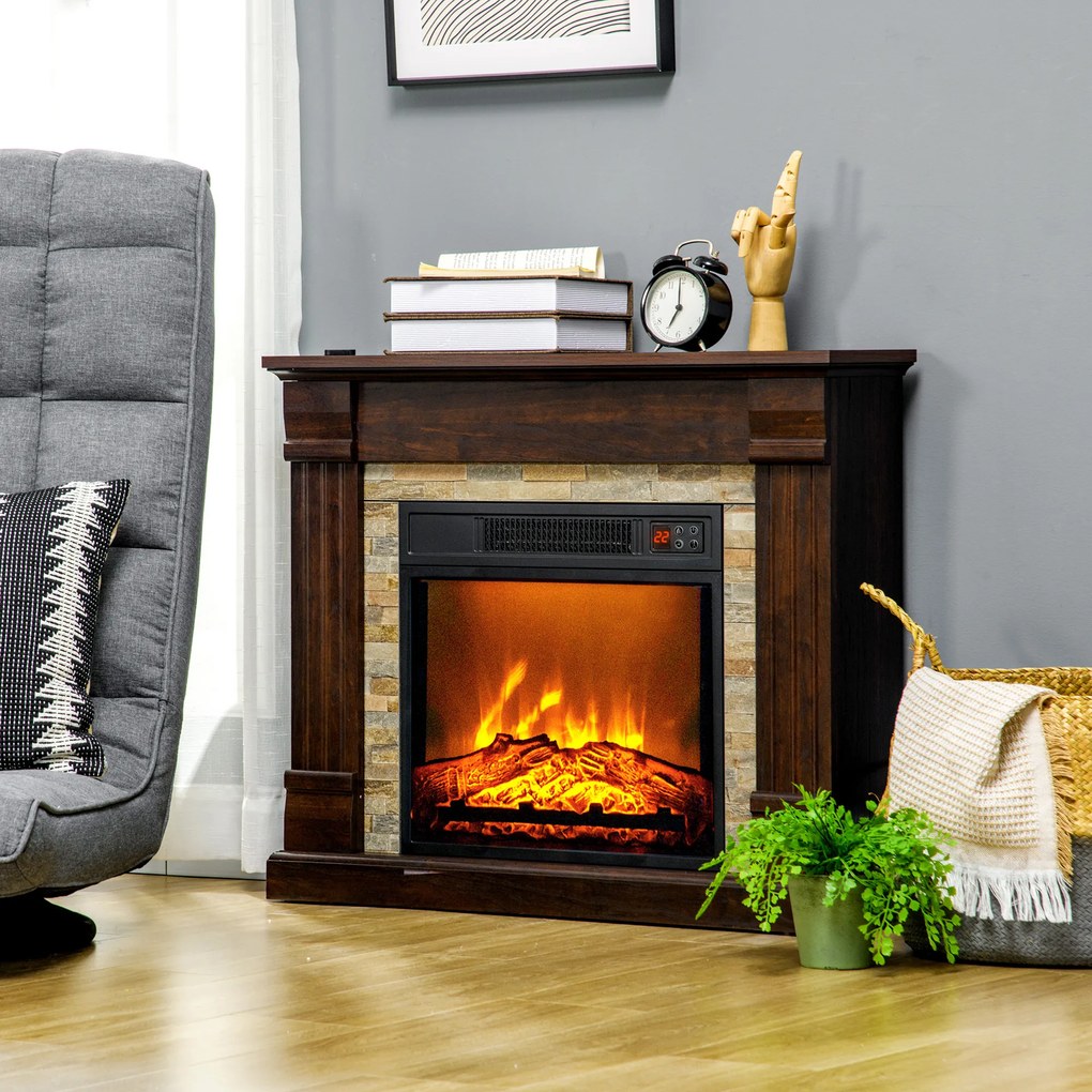 HOMCOM Lareira Elétrica 1800W Lareira com Efeito de Chama Realista Controlo Remoto Temporizador e Proteção Contra Superaquecimento para Ambientes de 30 m² 80x21,6x67,8 cm Marrom