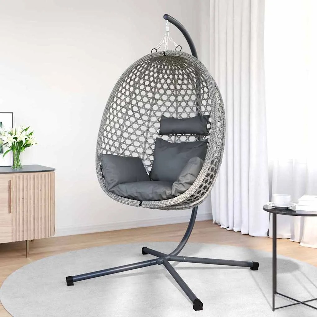 Cesta de Cadeira de Ovo com Suporte em Cinza Rattan Sintético