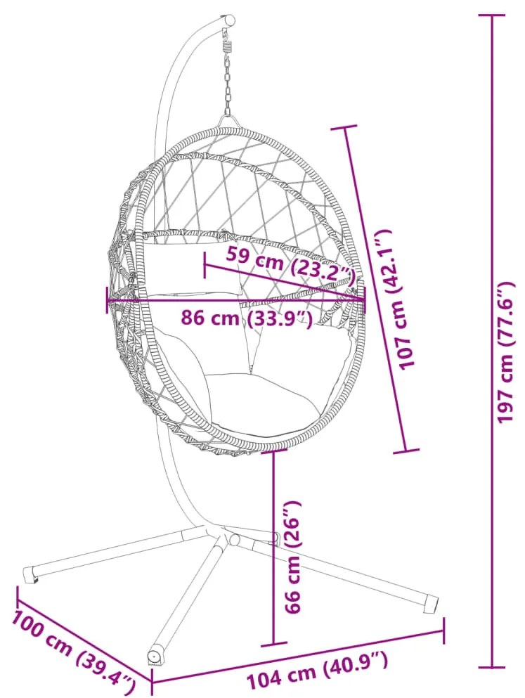 Cadeira em forma de ovo suspensa com suporte vime/aço bege