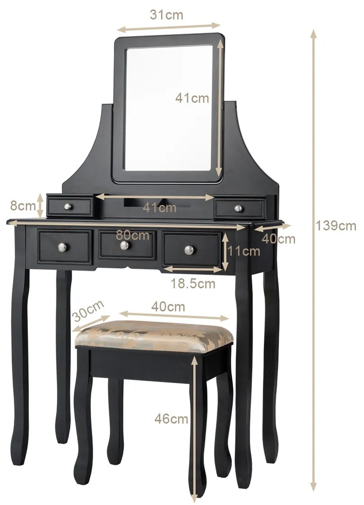 Mesa de toucador com 5 gavetas de compartimento amovível e espelho quadrado para Quarto 80 x 40 x 139 cm Preto