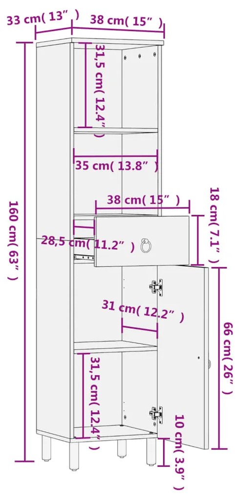 Armário de casa de banho 38x33x160 cm mangueira maciça