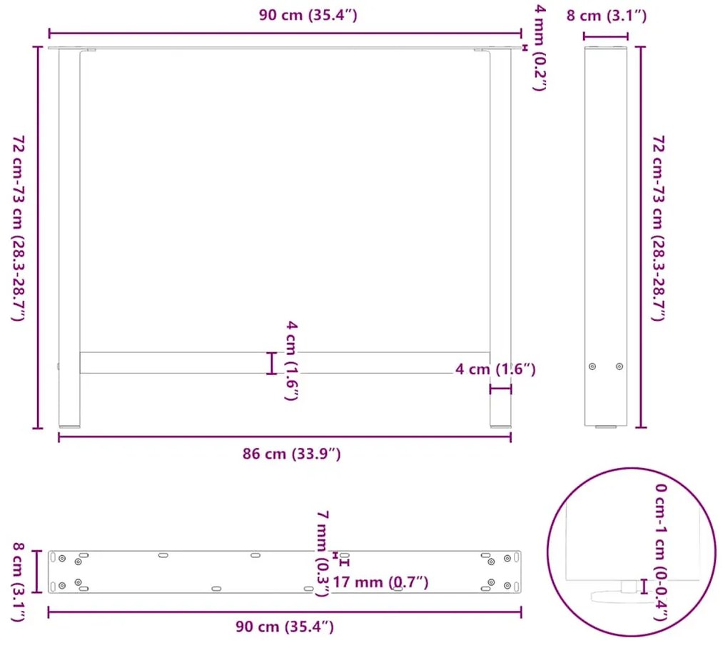 Pés para mesa de jantar em aço natural, 2 peças, 90x (72-73) cm, aço