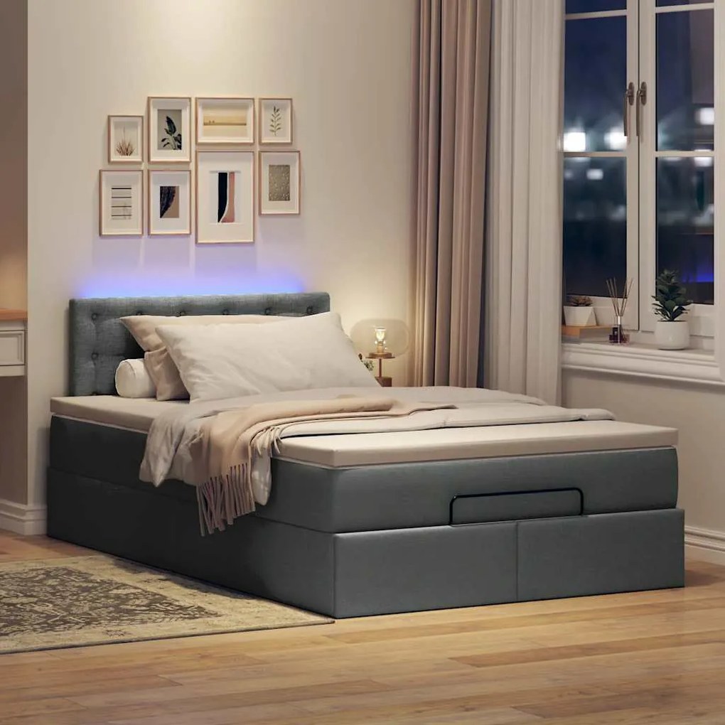 Cama otomana com colchão&LEDs 120x200 cm tecido cinzento escuro
