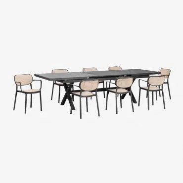 Conjunto De Mesa Retangular Extensível Karena 240-300x100 Cm E 8 Cadeiras De Jardim Empilháveis Com Apoios De Braços Omara Cinza Grafito - Sklum