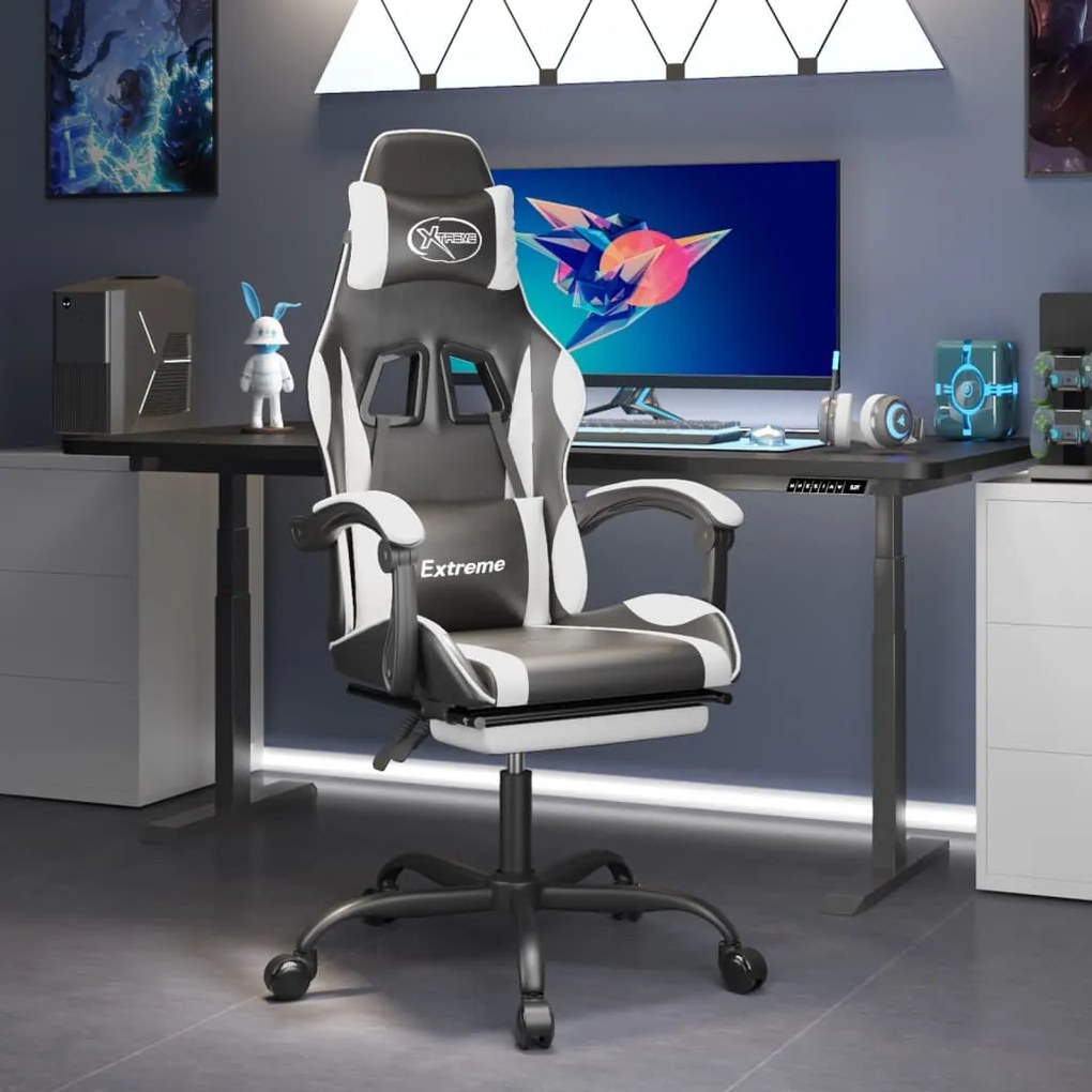 vidaXL Cadeira gaming giratória c/ apoio pés couro artif. preto/branco