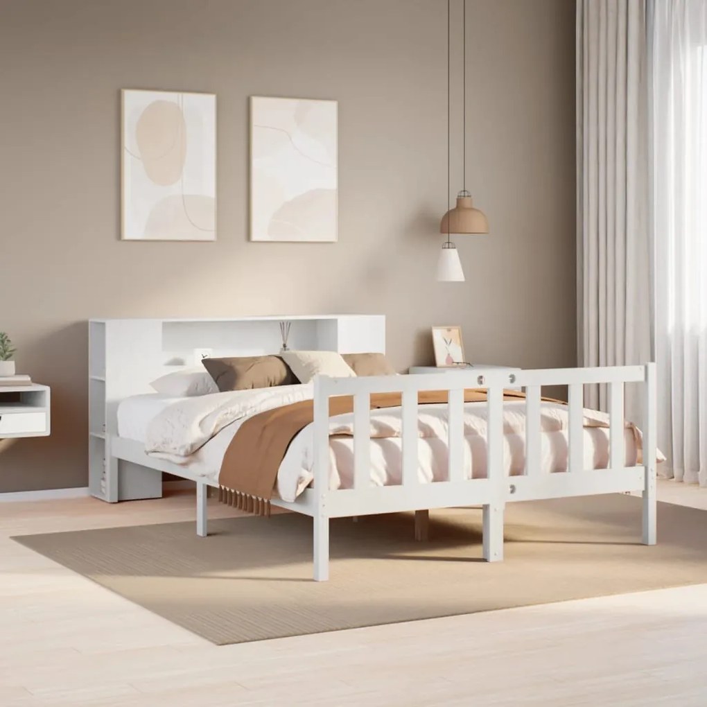 vidaXL Cama com estante sem colchão 135x190 cm pinho maciço branco