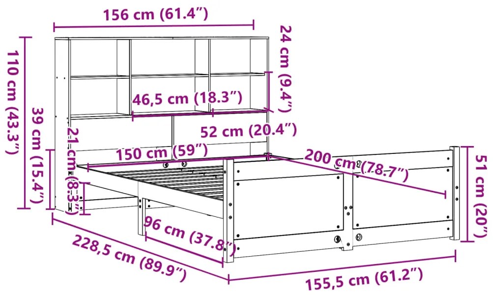 Cama com estante sem colchão 150x200 cm pinho maciço