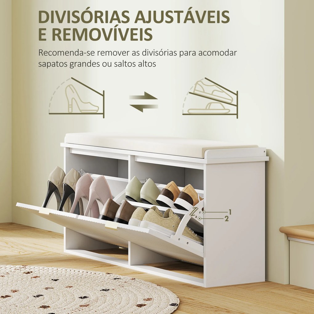 Banco Sapateira Móvel Sapateira Estreito com Assento Estofado 2 Caixas Rebatível e Painel de Ripas 104x26x47,5 cm Branco