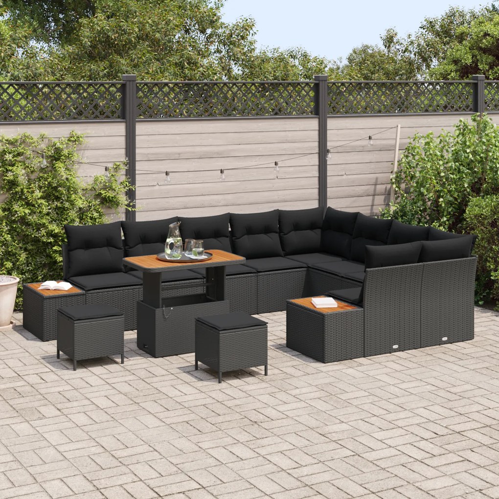Conjunto de Sofá de Jardim vidaXL 12 Peças com Almofadas Preto Vime Si