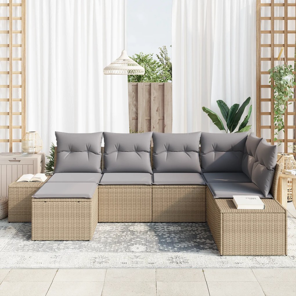 Conjunto de Sofá de Jardim com 6 Peças e Almofadas Bege Vime PE
