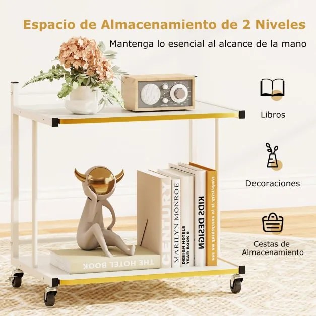 Carrinho de arrumação 49 x 35 x 51 cm móvel de 2 níveis com prateleiras abertas e bordas douradas para sala, quarto ou escritório - Branco