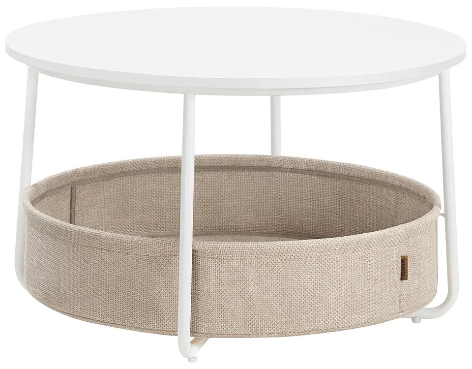 Mesa de centro redonda 75 cm com cesto em tecido branco mate