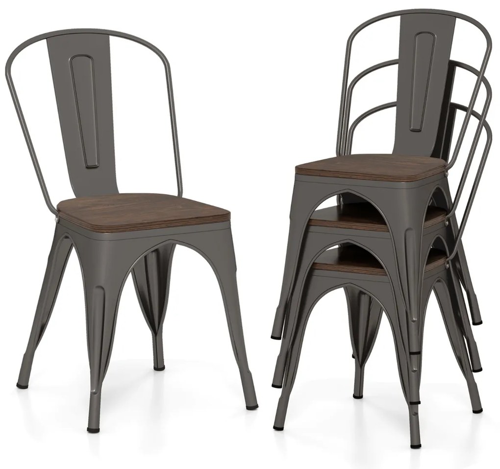 Conjunto de 4 cadeiras de jantar empilháveis em metal com assento em madeira e encosto alto removível Castanho escuro