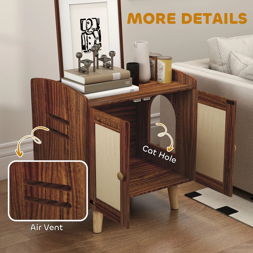 Móvel para Caixa de Areia para Gatos (NÃO INCLUÍDA) com Tapetes de Sisal Pés de Madeira 55x43x59,6 cm Castanho Rústico
