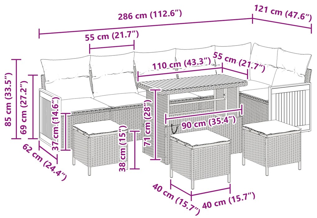 Conjunto de Sofá de Jardim de 10 Peças com Almofadas Preto Vime Sintét