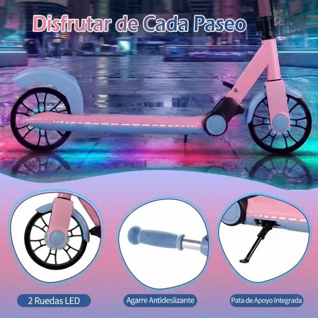 Trotinete dobrável para crianças +6 anos 2 rodas iluminadas com Guiador ajustável em 3 alturas Plataforma antiderrapante Rosa