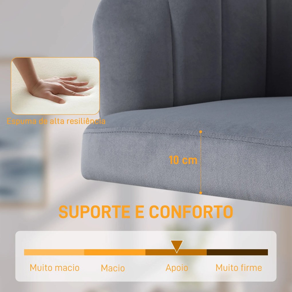 Cadeira de Escritório com Rodas de Veludo com Encosto Acolchoado Altura Ajustável Espuma Alta Resiliência Cinzento
