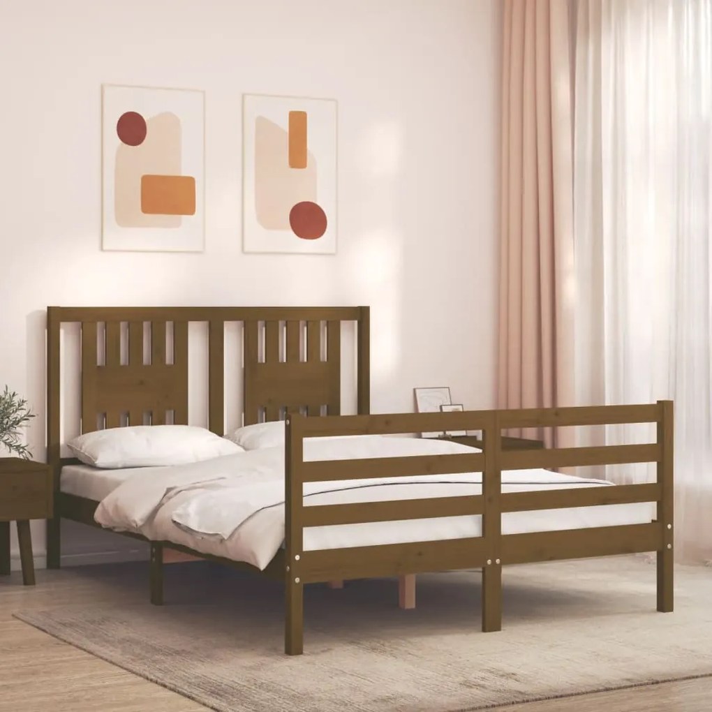 Estrutura de cama dupla pequena 4FT madeira maciça castanho-mel