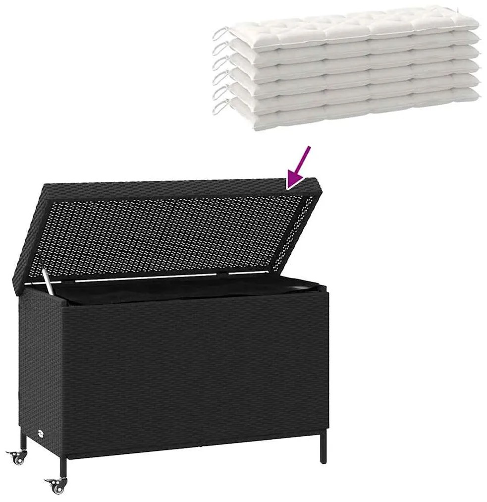 Caixa de arrumação jardim com rodas 110x55x73 cm vime PE preto