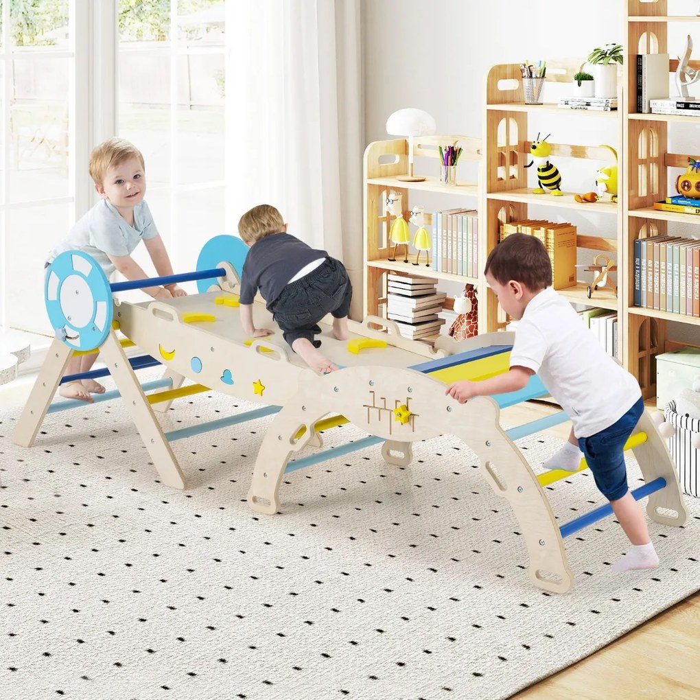 Conjunto triangular 8 em 1 de escalada para bebés com rampa, escada e arco de escalada Montessori de madeira Macaron