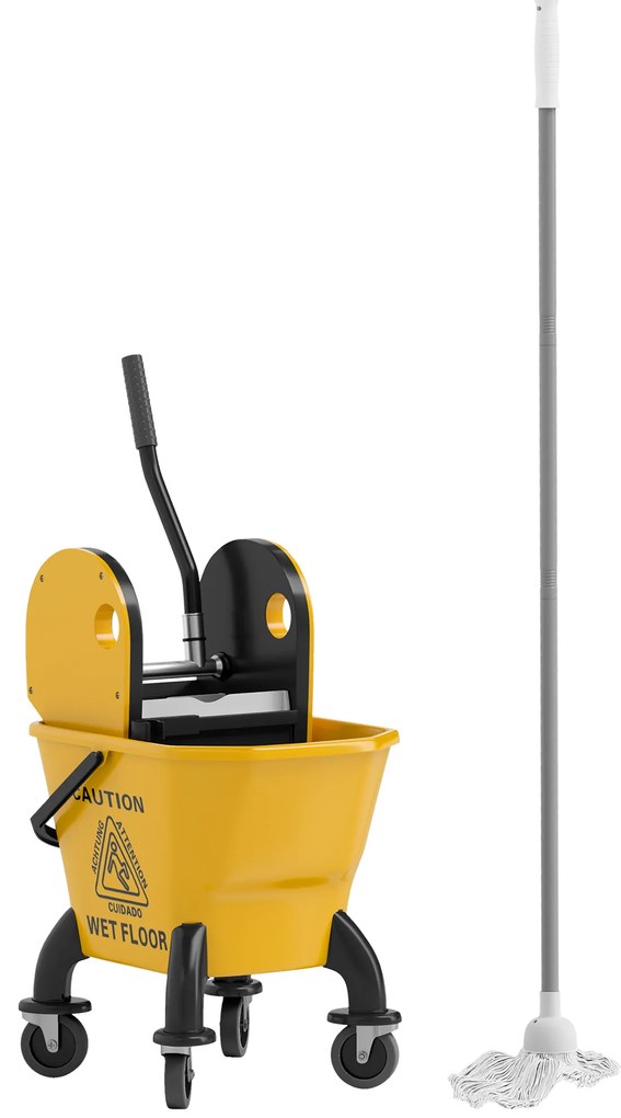 HOMCOM Balde de Esfregona com Rodas Espremedor Desmontável de Pressão para Baixo Capacidade 26 L Inclui Esfregona e Asa 45x31x90 cm  Amarelo | Aosom Portugal