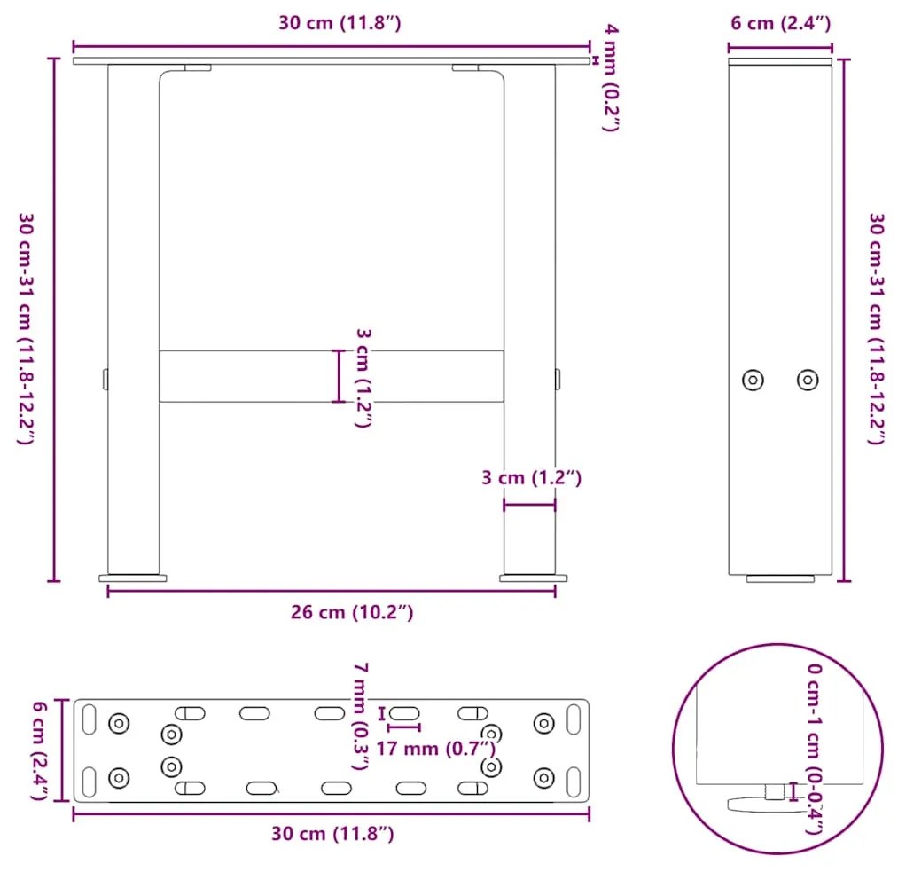 Pés para mesa de centro pretos 2 peças 30x(30-31) cm aço