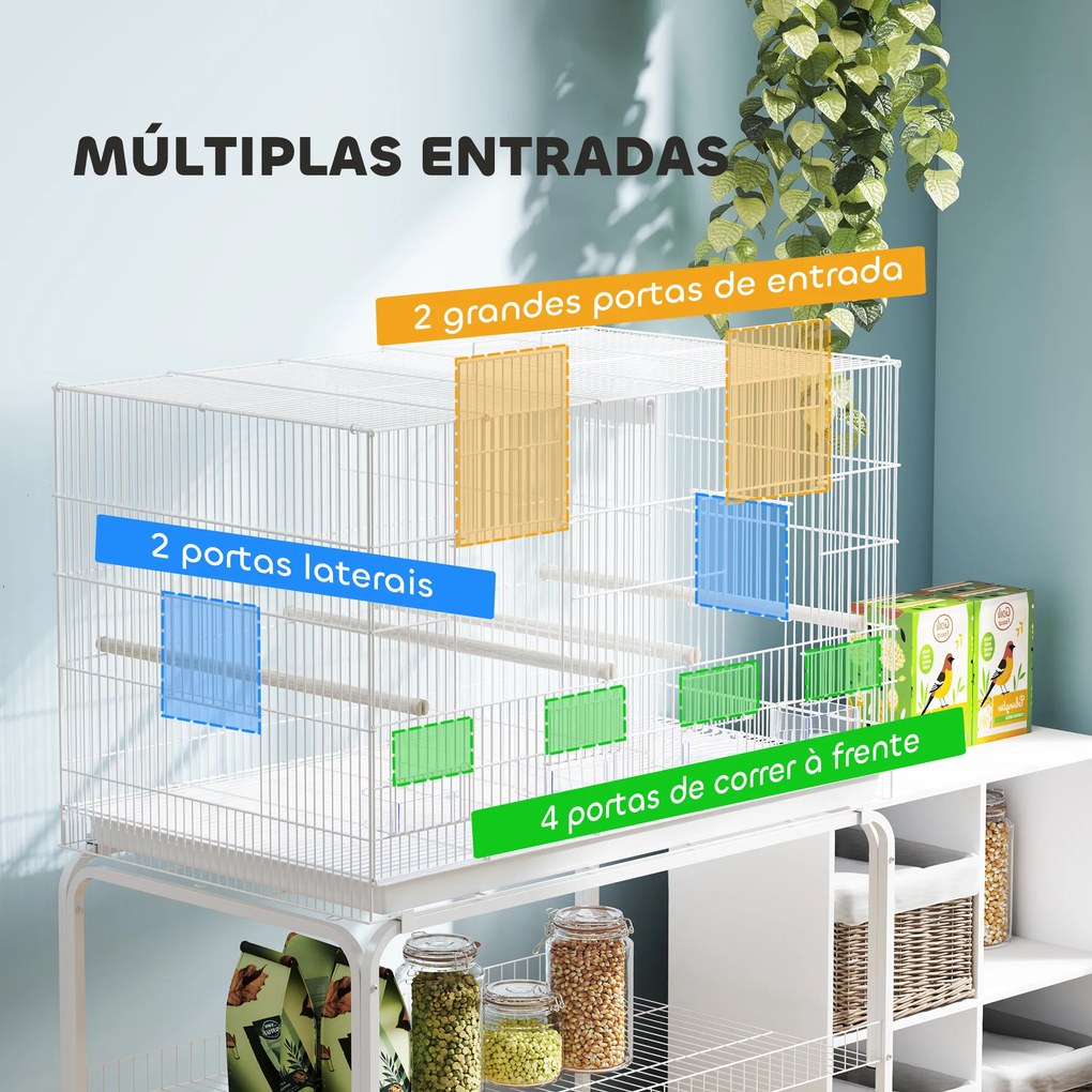 Gaiola para Pássaros com Divisória Rodas Gaiola para Aves com Comedouros Poleiros e Bandeja Removível 94x57x128 cm Branco