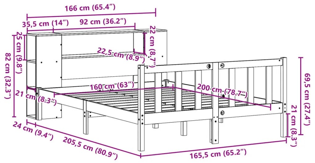 Cama com estante sem colchão 160x200 cm pinho maciço