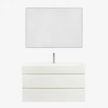 Conjunto De Móvel De Casa De Banho Suspenso Em Madeira E Folha De Freixo Com Lavatório Integrado Ona Branco & Led Retangular - Sklum