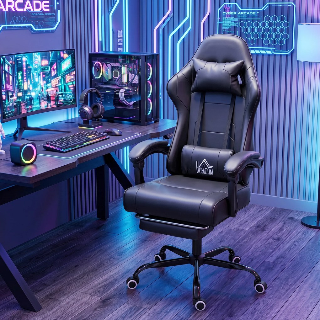 Cadeira de gaming ergonómica, cadeira para gamers com apoio lombar com função de massagem, encosto reclinável, altura ajustável, preta