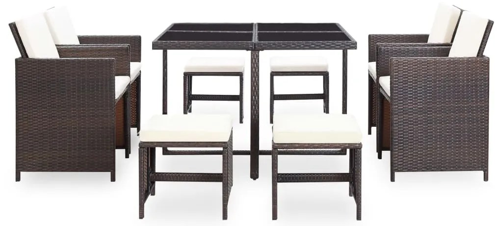 9 pcs conjunto jantar exterior c/ almofadões vime PE castanho