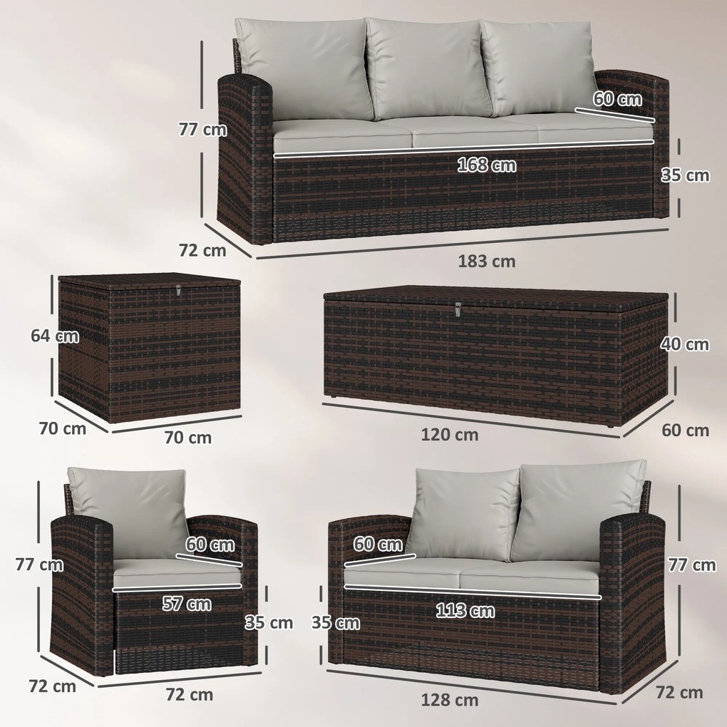 Conjunto de Jardim Exterior de Vime 6 Peças Almofadas Sofá Duplo Sofá de 3 Lugares 2 Poltronas 2 Mesas Auxiliares Bege