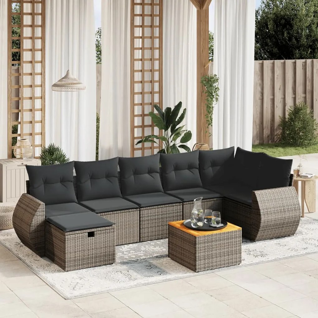 8 pcs conjunto sofás de jardim c/ almofadões vime PE cinzento