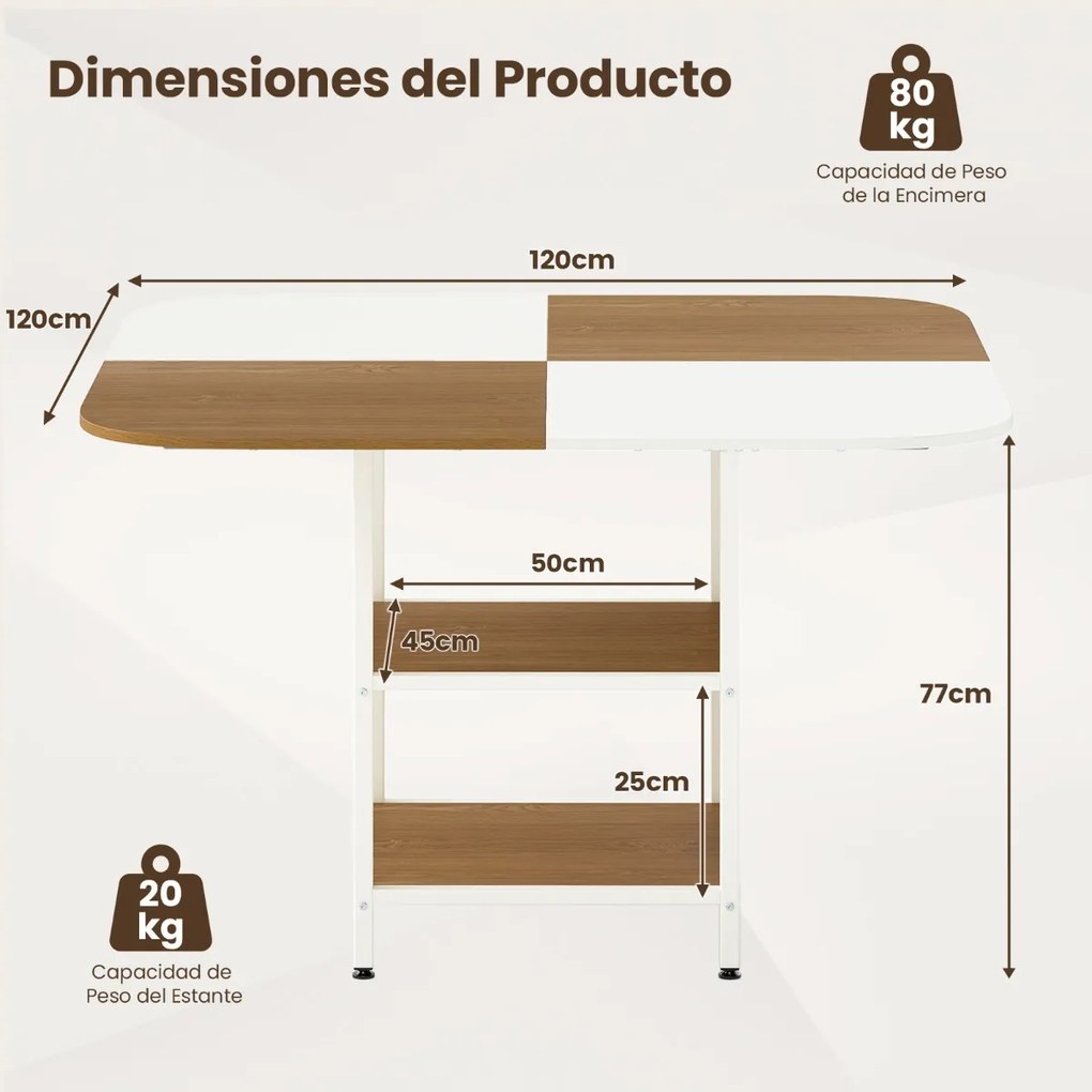 Mesa de jantar moderna quadrada 120 x 120 x 77 cm com tampo multicolorido e prateleira de 2 níveis, pernas ajustáveis em café e branco