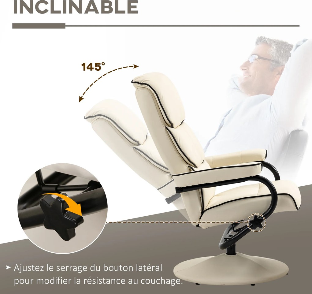 Poltrona relax com pufe e encosto reclinável, giratória a 360°, assento almofadado confortável, cor creme