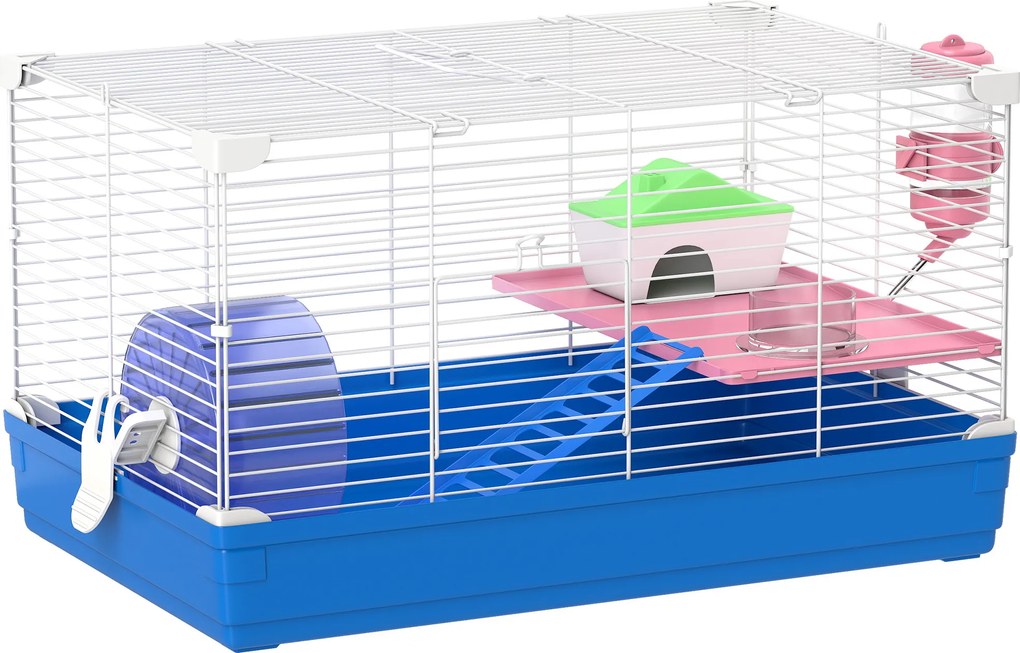 Gaiola para Hamster Casa para Roedores com Roda de Exercício Tigela Bebedouro Casinha Rampas para Gerbos 47x30x27 cm Azul