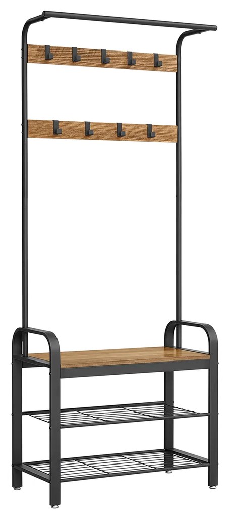 Cabideiro VASAGLE, cabideiro com banco para sapatos, design 4 em 1, com 9 ganchos removíveis, um varão para roupas, para corredor, entrada, 33,7 x 77 x 183 cm, industrial, nogueira rústica e preto HSR040B41