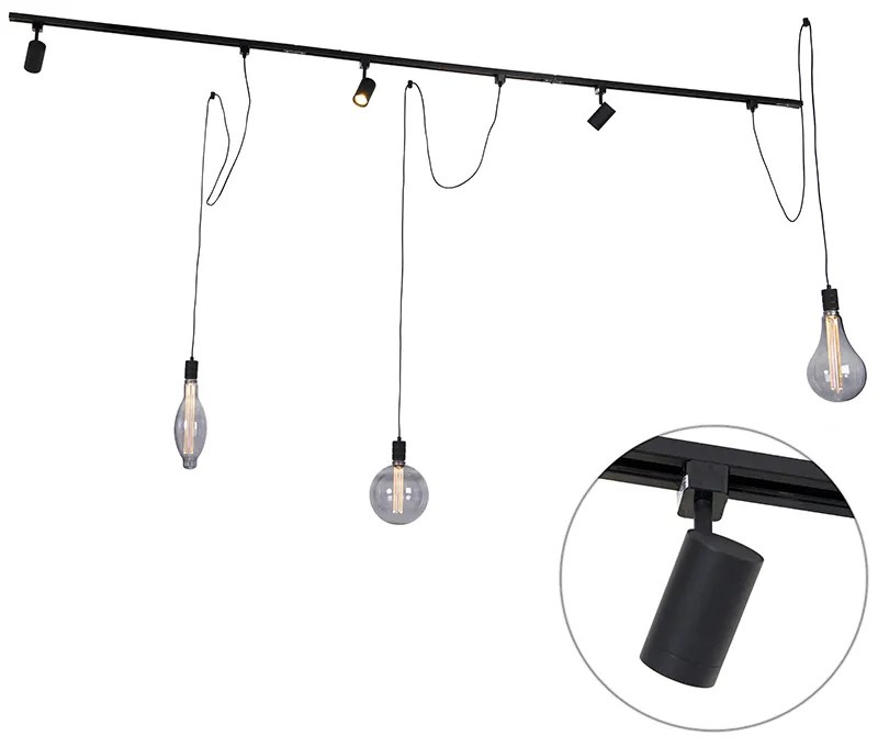 Sistema trilho monofásico com 3 focos e 3 luminárias suspensas preto - Cavalux Jeana Moderno