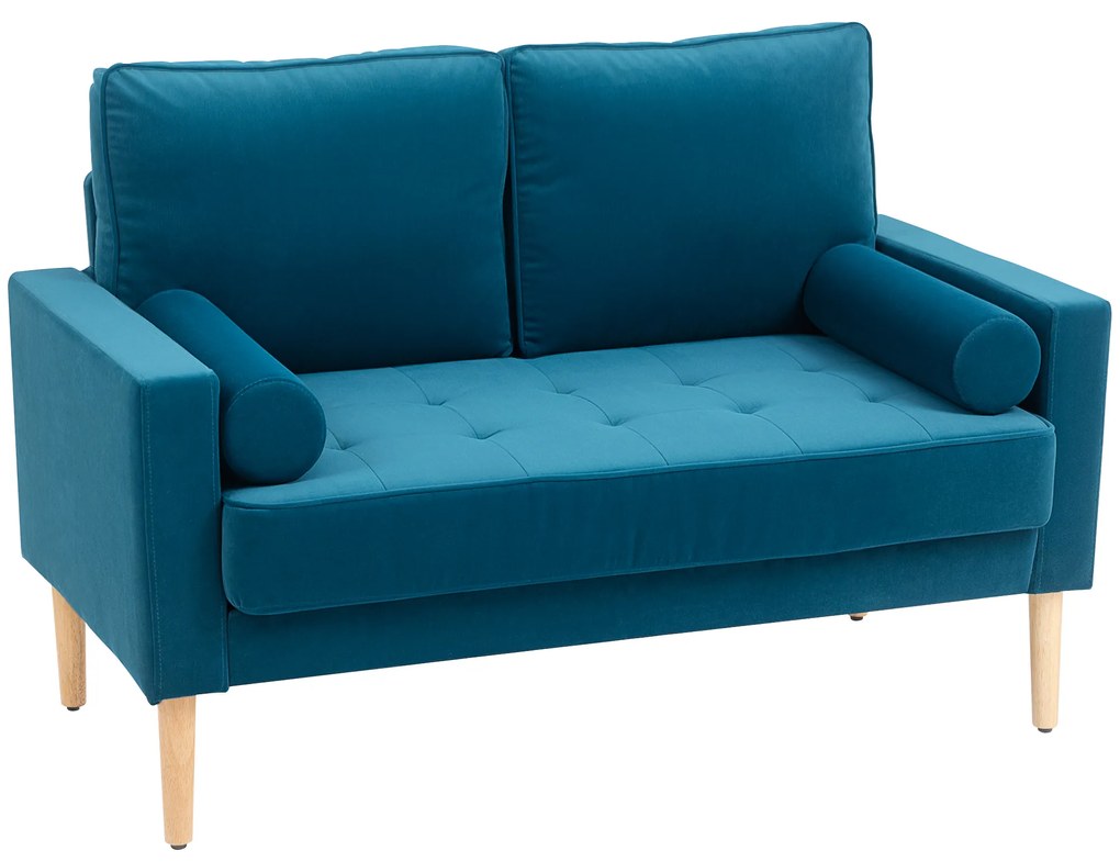 HOMCOM Sofá de 2 Lugares Moderno em Veludo 127 cm com Almofadas Espessas 2 Travesseiros e Assento Capitonê Azul | Aosom Portugal