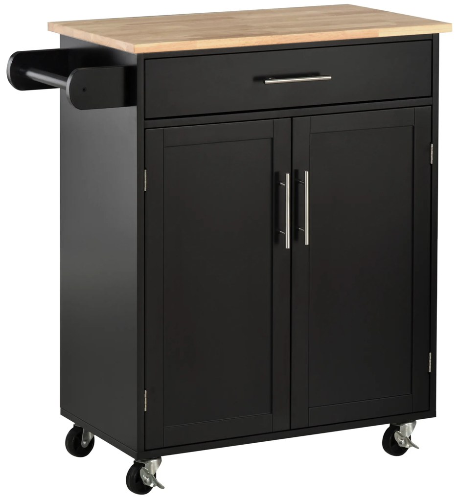 HOMCOM Carrinho de Cozinha em Rodízios Carrinho de Serviço Ilha de Cozinha com Gaveta de Armário e Panos de Prato 83x45x91,5 cm Preto | Aosom Portugal
